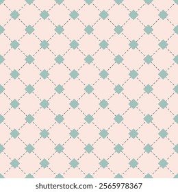 Absract antique seamless pattern with colorful geometric dashed lines and diamond squares on pink background