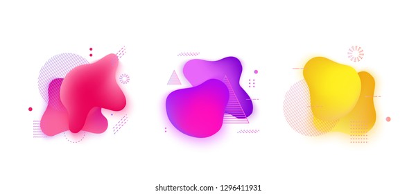 Absract fluid gradient memphis spots with geometric symbols set. Set of spots with abstract elements for trendy pink, purple, yellow color design. Vector illustration on isolated background.