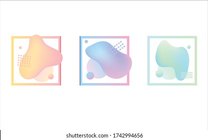 Absract fluid gradient spots with geometric symbols set. Set of spots with abstract elements for trendy pink, purple, blue and yellow color design. Vector illustration on isolated background.