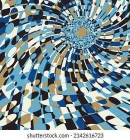 Absract Geometric Pattern with Graphic Flowing Shapes Elements of Circles, Sunburst and Rays of Sun Rotating in a Tunnel with Spiraling Effect, Radiating From the Center