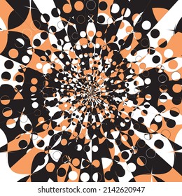 Absract Geometric Pattern with Graphic Flowing Shapes Elements of Circles, Sunburst and Rays of Sun Rotating in a Tunnel with Spiraling Effect, Radiating From the Center