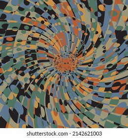 Absract Geometric Pattern with Graphic Flowing Shapes Elements of Circles, Sunburst and Rays of Sun Rotating in a Tunnel with Spiraling Effect, Radiating From the Center
