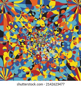 Absract Geometric Pattern with Graphic Flowing Shapes Elements of Circles, Sunburst and Rays of Sun Rotating in a Tunnel with Spiraling Effect, Radiating From the Center