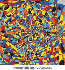 Absract Geometric Pattern with Graphic Flowing Shapes Elements of Circles, Sunburst and Rays of Sun Rotating in a Tunnel with Spiraling Effect, Radiating From the Center