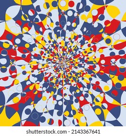 Absract Geometric Pattern with Graphic Flowing Shapes Elements of Circles, Sunburst and Rays of Sun Rotating in a Tunnel with Spiraling Effect, Radiating From the Center