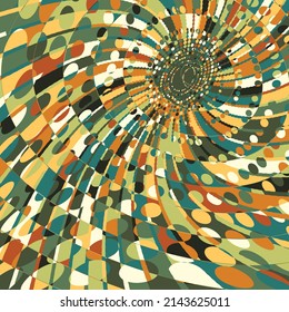 Absract Geometric Pattern with Graphic Flowing Shapes Elements of Circles, Sunburst and Rays of Sun Rotating in a Tunnel with Spiraling Effect, Radiating From the Center