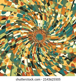Absract Geometric Pattern with Graphic Flowing Shapes Elements of Circles, Sunburst and Rays of Sun Rotating in a Tunnel with Spiraling Effect, Radiating From the Center