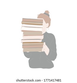 Absract Girl holds a lot of books. Student holds books. Trendy paper art poster with abstract women on white background for lifestyle design.	