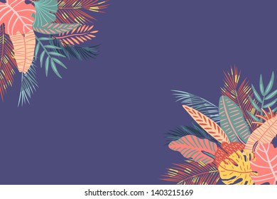 Absract multicolor tropical leaves on a blue background