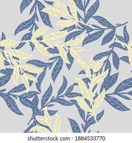 Absract seamless pattern with navy blue and light yellow leaves branches random print. Decorative backdrop for fabric design, textile print, wrapping, cover. Vector illustration.