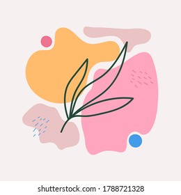 Absract vector background with floral twig with leaves. Trendy print design with lines, circles a splashes