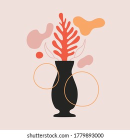 Absract vector vase with plant. Modern background, home decoration poster with colored pattern and doodle elements. Trendy print design with lines, dots and circles