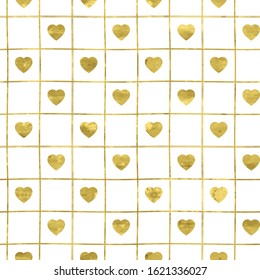 Absract white and gold seamless  geometric grid pattern with glitter foil textured lines and confetti hearts.  Bright shiny illustration for fabric design, wallpaper, decorative paper, web design. 