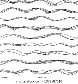 Absreact hand drawn waves seamless pattern. Black scketch lines on a white background. Perfect for textile or paper print.