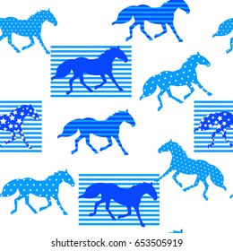 Absrract seamless horses pattern. blue and style wallpaper. Wild animals mowing. stars, dots, lines repeated bacdrop