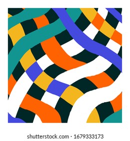 Absrtact background with different bright colors - purple, orange, white, yellow palette. Colorful art with wide lines like network, twist, quilt style 
stylization. Square form. 