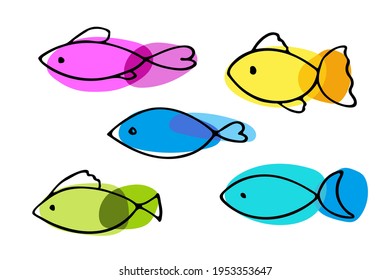 Absrtact Fish icon set. Sketch of fish vector icons isolated on white background. Set of varieties cartoon fishes. Flat Colorful design.