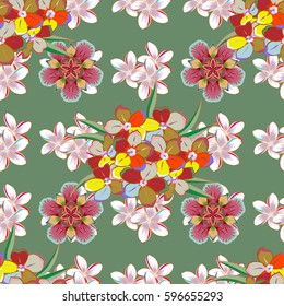 Absstract vector background. Floral seamless pattern with blooming flowers and leaves on a green background. Stylish wallpaper with flowers.