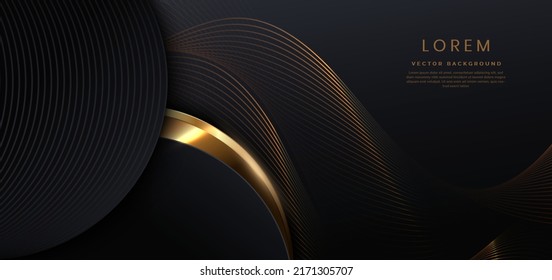 Abstact 3d luxury black curve with border golden curve lines elegant and lighting effect on black background. Vector illustration