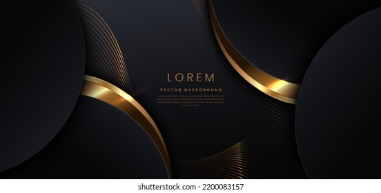 Abstact 3d luxury black curve with border golden curve lines elegant and lighting effect on black background. Vector illustration