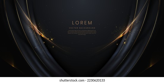 Abstact 3d luxury black curve with border golden curve lines elegant and lighting effect on black background. Vector illustration