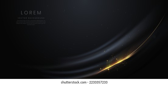 Abstact 3d luxury black curve with border golden curve lines elegant and lighting effect on black background. Vector illustration