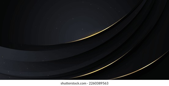 Abstact 3d luxury black curve with border golden curve lines elegant and lighting effect on black background. Vector illustration