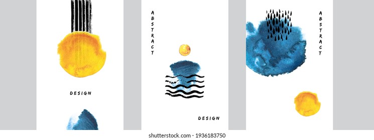 Abstact art design set. Hand painted minimalistic composition. Watercolor and inc paint stains in contemporary template. Cover, card, poster and banner modern design.