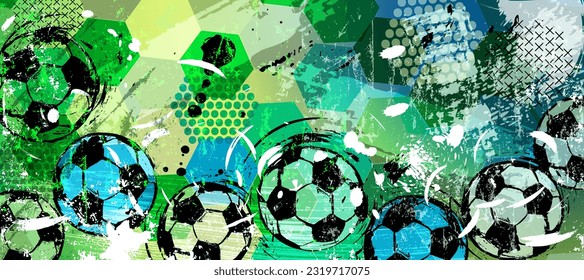 abstact background with football, soccer ball, paint strokes and splashes, grungy, free copy space