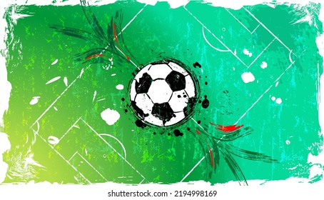 abstact background with soccer ball, soccer field, football, grungy frame, paint strokes and splashes, free copy space