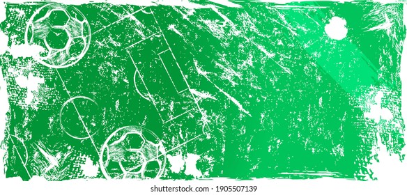 abstact background with soccer ball, football, field, paint strokes and splashes, grungy, free copy space