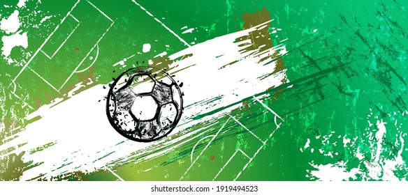 abstact background with soccer ball, football, field, paint strokes and splashes, grungy, free copy space