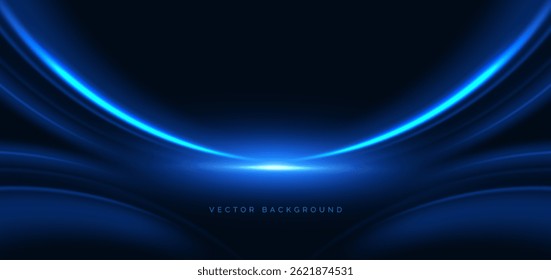 Abstact blue curved rays glowing on dark blue background. Speed technology light concept. Vector illustration