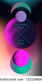 Abstact cosmic background for music event in bright neon color palette. Poster/ cover template for party in retrofuturistic style.