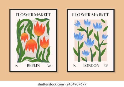 Invitaciones abstractas del Vector del mercado de flores con las plantas dibujadas a mano. Ilustraciones botánicas modernas para los estampados, volantes, Anuncios,
diseño de marca, cubiertas, decoración del hogar.