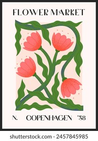 Abstact flower market vector poster with hand drawn florals.Modern botanical illustration for prints,flyers,banners,invitations,branding design,covers,home decoration.
