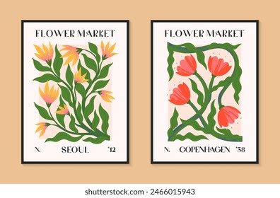 Abstact flower market vector posters with hand drawn florals.Modern botanical illustrations for prints,flyers,banners,invitations,branding design,covers,home decoration.