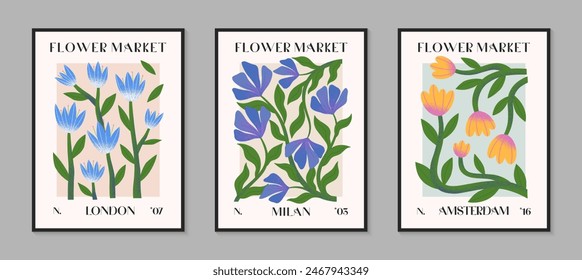 Abstact flower market vector posters with hand drawn plants.Modern botanical illustrations for prints,flyers,banners,invitations,branding design,covers,home decoration.