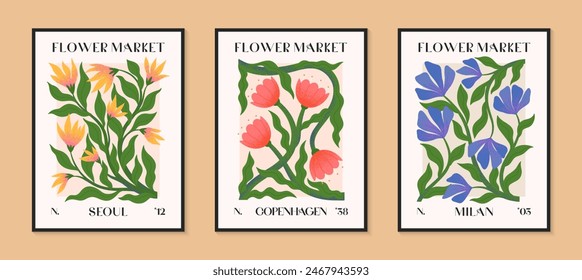 Abstact flower market vector posters with hand drawn plants.Modern botanical illustrations for prints,flyers,banners,invitations,branding design,covers,home decoration.