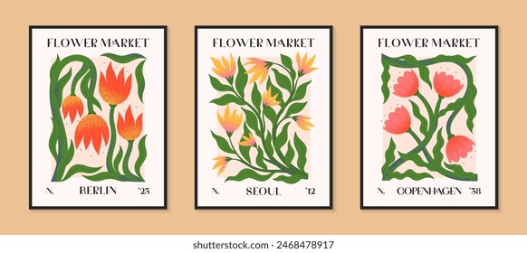 Abstrakte Blumenmarkt-Vektorgrafik-Poster mit handgezeichneten Pflanzen. Moderne botanische Abbildungen für Drucke, Flyer, Banner, Einladungen, Branding-Design, Cover, Heimdekoration.