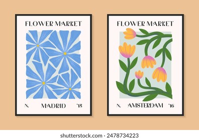 Abstact flower market vector posters with hand drawn florals.Modern botanical illustrations for prints,flyers,banners,invitations,branding design,covers,home decoration.