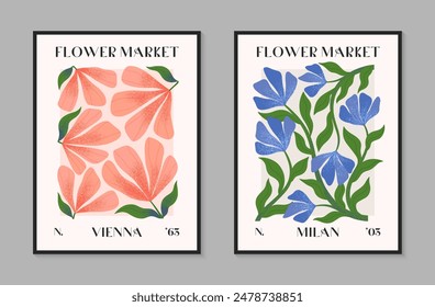 Abstact flower market vector posters with hand drawn florals.Modern botanical illustrations for prints,flyers,banners,invitations,branding design,covers,home decoration.