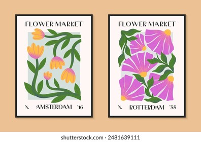 Abstact flower market vector posters with hand drawn florals.Modern botanical illustrations for prints,flyers,banners,invitations,branding design,covers,home decoration.