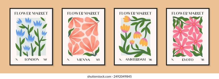 Abstact flower market vector posters with hand drawn florals.Modern botanical illustrations for prints,flyers,banners,invitations,branding design,covers,home decoration.