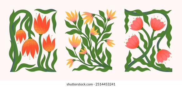 Composições vetoriais de flores abstratas com desenhos à mão florals.Modern botânica ilustrações para impressões, folhetos, banners, convites, design de marca, capas, decoração de casa