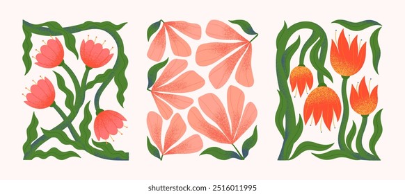 Composições vetoriais de flores abstratas com desenhos à mão florals.Modern botânica ilustrações para impressões, folhetos, banners, convites, design de marca, capas, decoração de casa