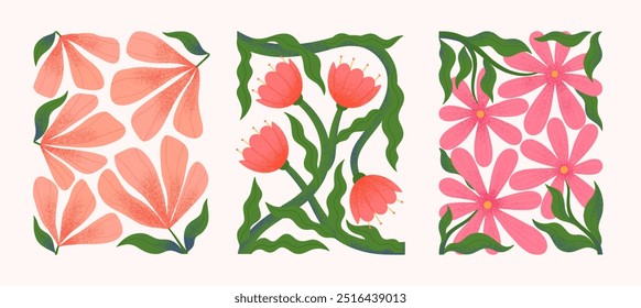 Composições vetoriais de flores abstratas com desenhos à mão florals.Modern botânica ilustrações para impressões, folhetos, banners, convites, design de marca, capas, decoração de casa