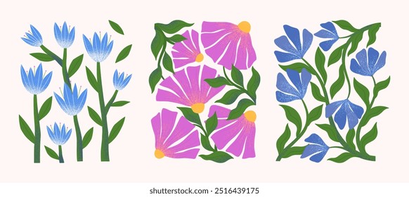 Composiciones abstractas de Vector de flores con flores dibujadas a mano. Ilustraciones botánicas modernas para impresiones, volantes, Anuncios, invitaciones, diseño de marca, cubiertas, decoración del hogar