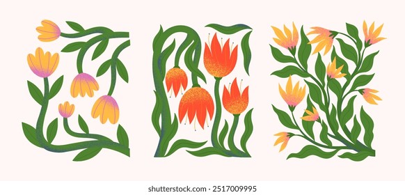 Composições vetoriais de flores abstratas com desenhos à mão florals.Modern botânica ilustrações para impressões, folhetos, banners, convites, design de marca, capas, decoração de casa