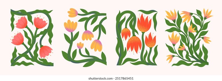 Composições vetoriais de flores abstratas com desenhos à mão florals.Modern botânica ilustrações para impressões, folhetos, banners, convites, design de marca, capas, decoração de casa